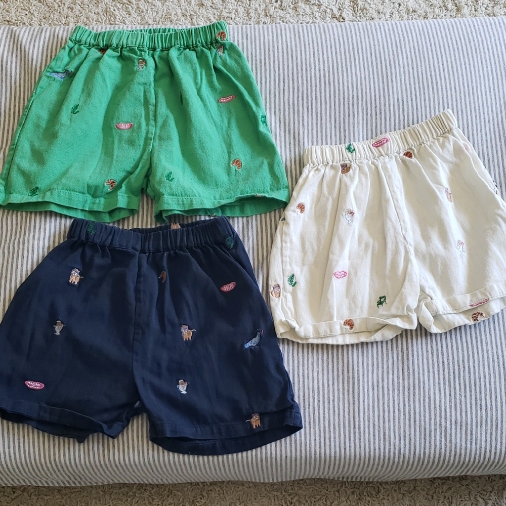 Oeuf Kids Embroidered Shorts Set - Green, Cream, and Navy Bundle